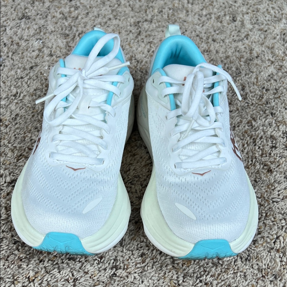 Hoka Bondi 8 White and Light Blue Women's Running Shoes